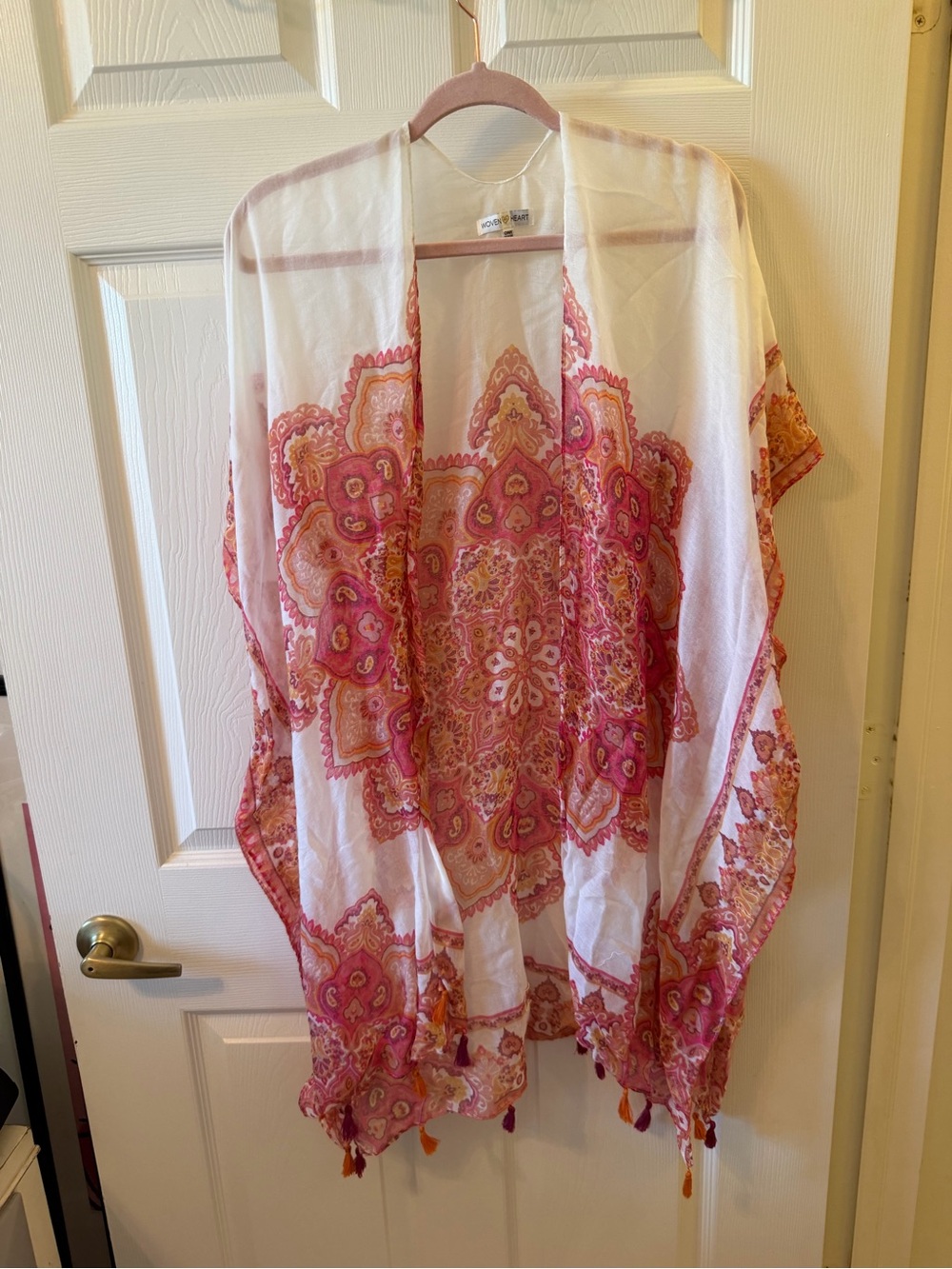 Woven Heart White Kimono with Pink and Orange Mandala Print